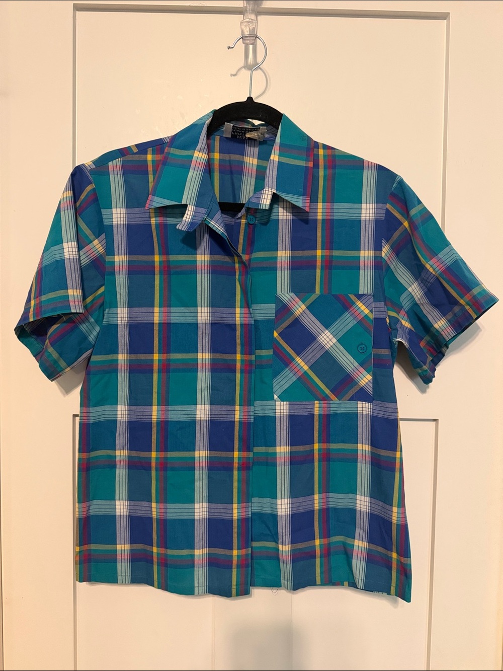 Pendleton Vintage 90s Teal, Blue & Green Plaid Boxy Short-Sleeve Button-Down